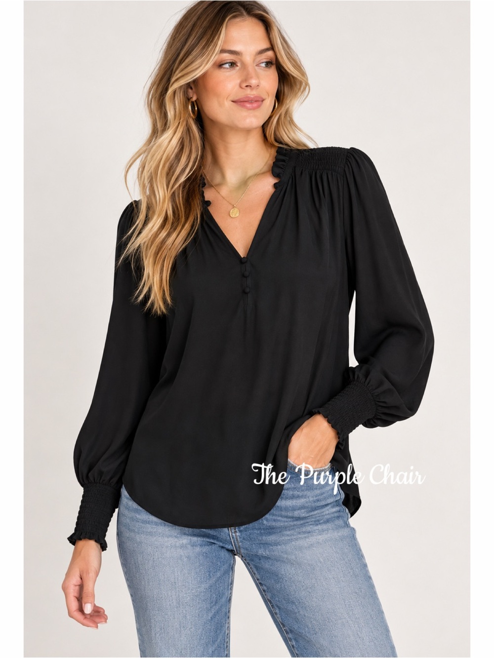 NANETTE LEPORE NWT Black Long Sleeve Smocked V-Neck Blouse M